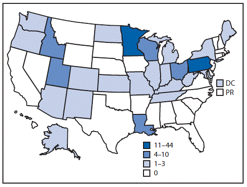 The figure is a map that shows the number of giardiasis outbreaks, by jurisdiction, across the United States, including the District of Columbia, and the U.S. territories, including Puerto Rico, 2012–2017.