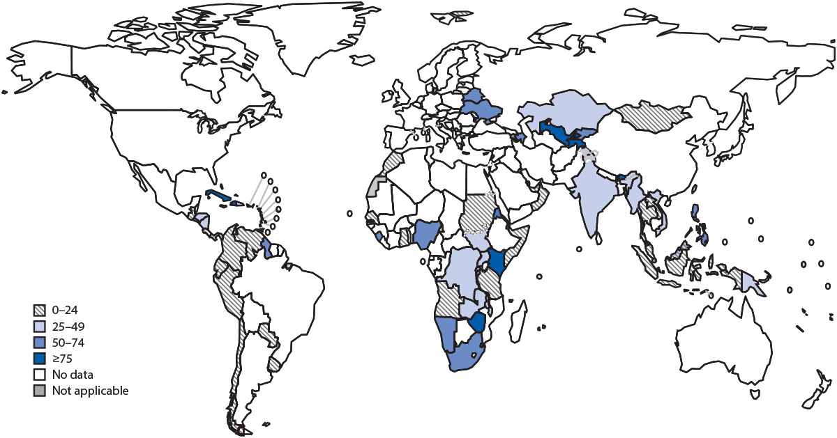 The figure is a map of the world illustrating the percentage of persons living with HIV infection and on antiretroviral treatment who received tuberculosis preventive treatment, worldwide, during 2019.