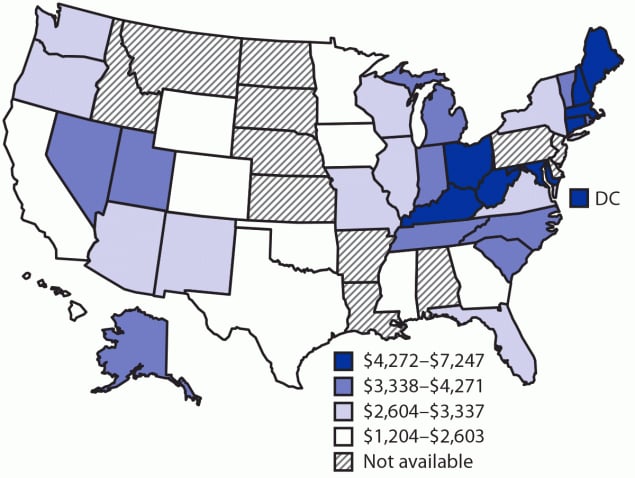 The figure is a map of the United States illustrating the per capita combined costs of opioid use disorder and fatal opioid overdose in the United States for 2017.