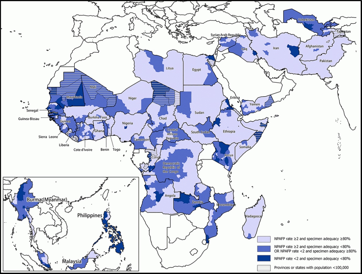 The figure is a map illustrating the combined performance indicators for the quality of acute flaccid paralysis surveillance in subnational areas of 42 priority countries in the World Health Organization African, Eastern Mediterranean, South-East Asia, and Western Pacific regions for 2020.