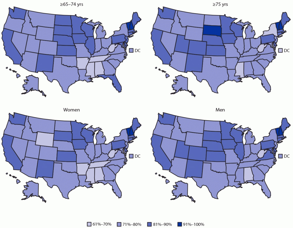 The figure is a series of four maps of the United States showing state COVID-19 vaccination initiation rates of adults aged ≥65 years, by age group and sex, during December 14, 2020–April 10, 2021.