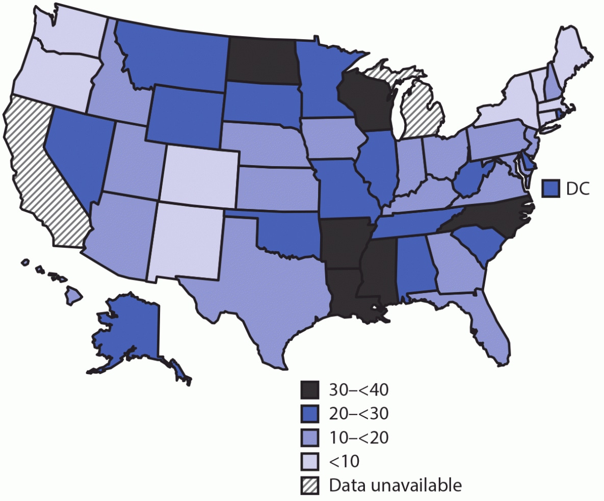 The figure is a map of the United States illustrating disparities in breastfeeding initiation between racial/ethnic groups based on data from the National Vital Statistics System for 48 states and the District of Columbia for 2019.