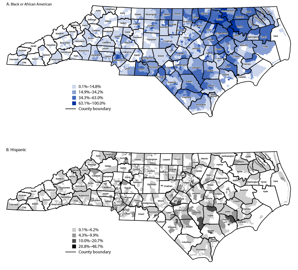 Figure shows the proportion of Black or African American and Hispanic persons aged ≥65 years by U.S. Census tract in North Carolina during 2019.