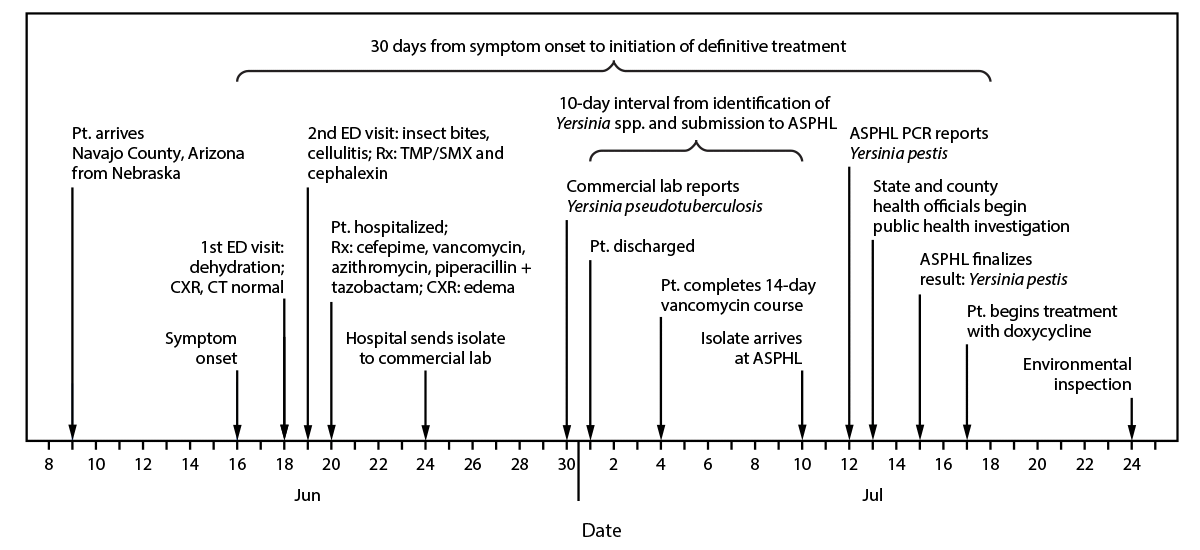The figure is a timeline during 2020 of patient illness and laboratory identification of Yersinia pestis in a case of plague in Arizona.
