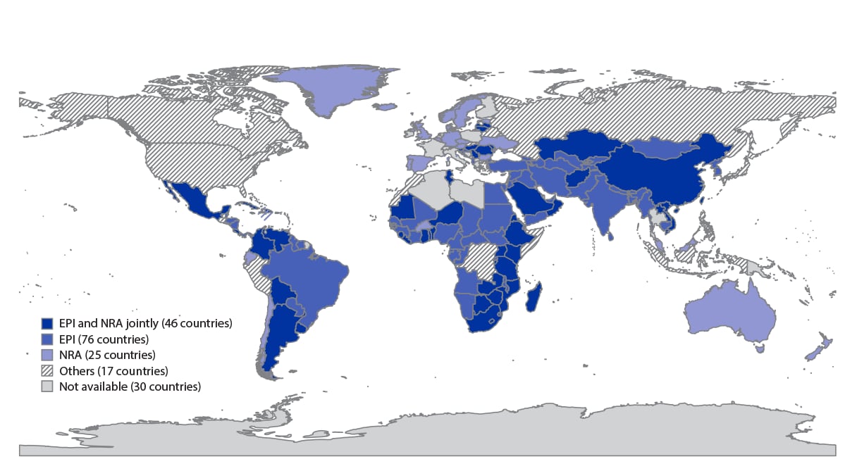 The figure is a map showing sources of data for adverse events following immunization that are reported by country on the WHO/UNICEF Joint Reporting Form.