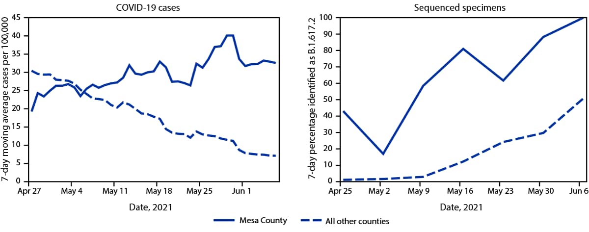 The figure comprises two line charts showing the number of COVID-19 cases and proportion of B.1.617.2 (Delta) variant infections in Mesa and other Colorado counties during April 27–June 6, 2021.