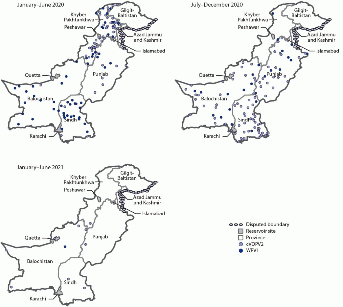 The figure comprises three maps showing the location of cases of wild poliovirus type 1 and circulating vaccine-derived poliovirus type 2, by province and period, in Pakistan during January 2020–June 2021.