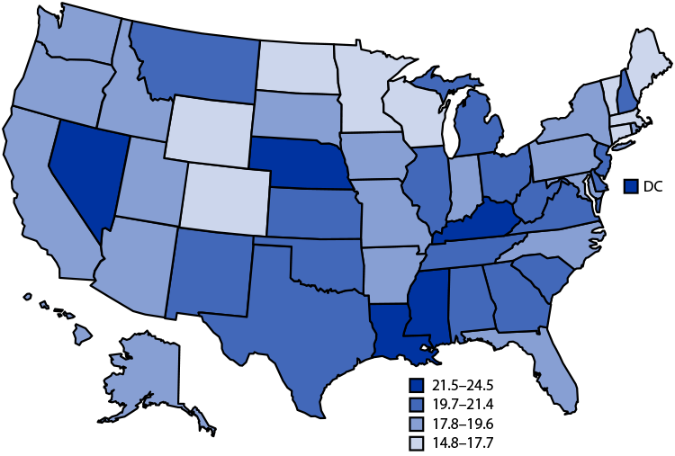 Figure is a U.S. map indicating the 2019 age-adjusted death rates for female breast cancer, by state, based on National Vital Statistics System data.