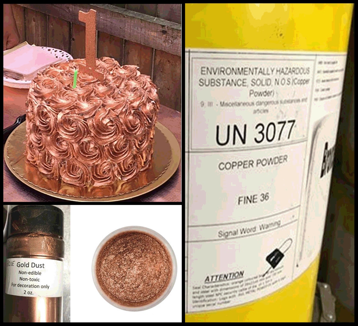 Figure shows images of a birthday cake decorated with rose gold dust frosting, a bottle of gold dust used for cake decorating, and industrial drums containing fine copper powder.