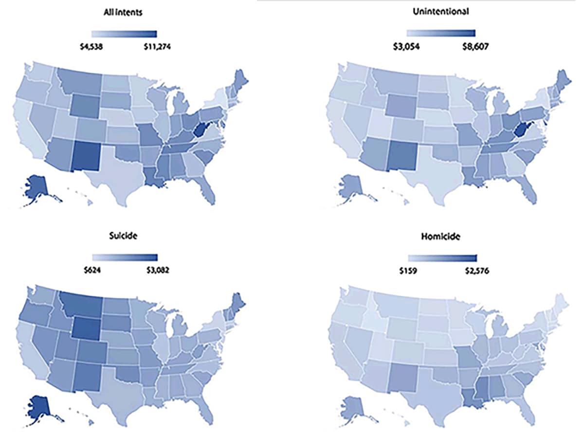 This figure comprises four maps that show state-level injury costs per capita by intent for the United States in 2019.