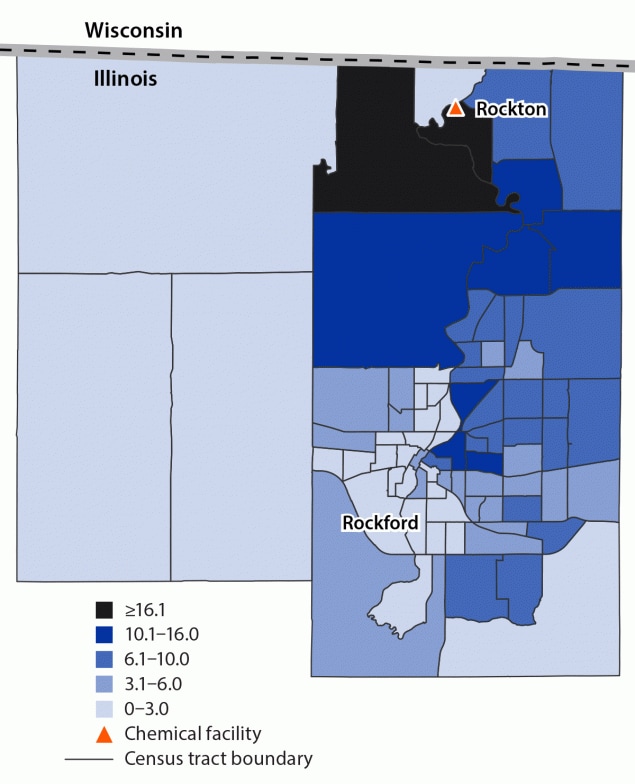 The figure is a map showing human health survey completion rate per 1,000 residents after a chemical manufacturing facility fire by U.S. Census tract in Winnebago County, Illinois, during July 1–15, 2021.