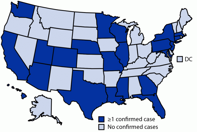 The figure is a map showing states reporting at least one confirmed SARS-CoV-2 B.1.1.529 (Omicron) variant COVID-19 case in the United States during December 1–8, 2021.