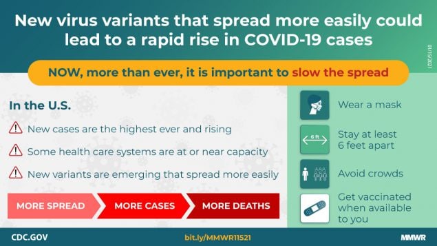 The figure shows text describing that new virus variants that spread more easily could lead to a rapid rise in COVID-19 cases.  