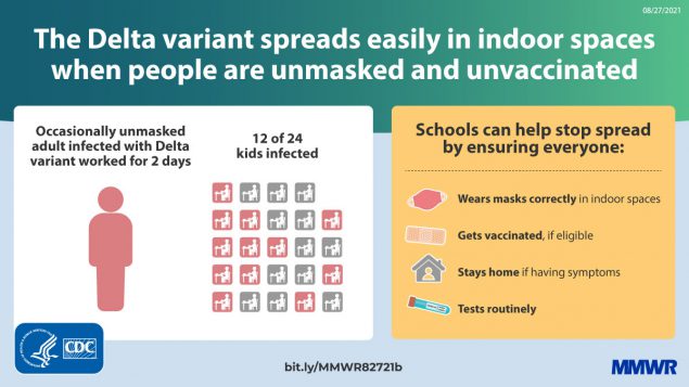 The figure describes how the Delta variant spreads easily in indoor spaces when people are not masked or vaccinated.