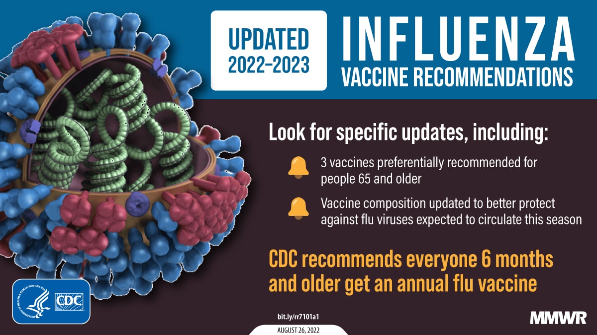 The figure is a graphic with an illustration of influenza virus with text about updated influenza vaccine recommendations for the 2022—2023 season. Updates include: 3 vaccines preferentially recommended for people 65 and older and vaccine composition updated to better protect against flu viruses expected to circulate this season. CDC recommends everyone 6 months and older get an annual flu vaccine.