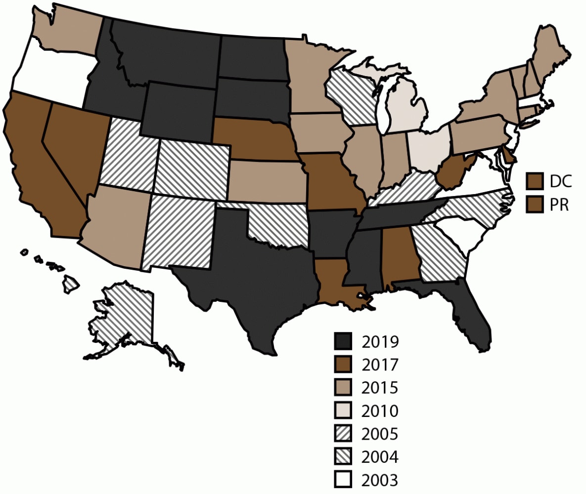 The figure is a map of the United States showing the states participating in the National Violent Death Reporting System, by year of initial data collection during 2003–2021.