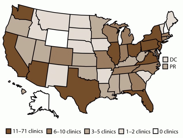 Figure is a map of the United States indicating the number of assisted reproductive technology clinics in each state, the District of Columbia, and Puerto Rico. In 2018, a total of 456 (91.4%) of the 499 clinics in the United States submitted data to CDC.