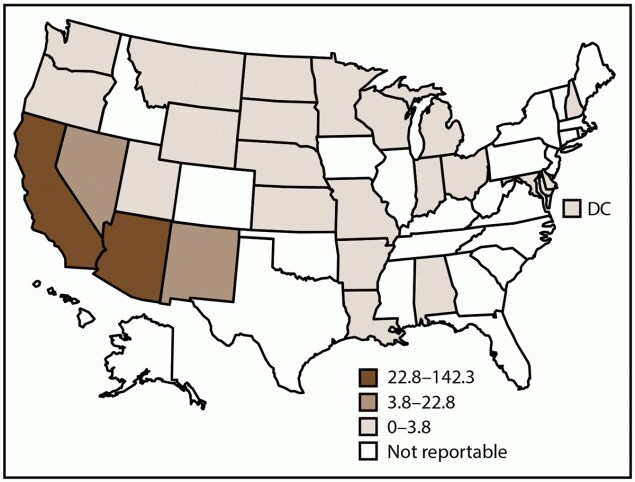 Figure is a map of the United States showing incidence rates of coccidioidomycosis, by state and tertiles in 2019. Twenty-six states and the District of Columbia submit data to the National Notifiable Diseases Surveillance System. Incidence rates are per 100,000 population, calculated using state-specific denominators estimated from 2019 U.S. Census Bureau data.