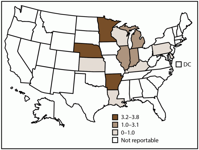 Surveillance for Coccidioidomycosis, Histoplasmosis, and Blastomycosis — United States, 2019 Figure is a map of the United States showing incidence rates of histoplasmosis, by state and tertiles in 2019. Thirteen states submit data to the National Notifiable Diseases Surveillance System. Incidence rates are per 100,000 population, calculated using state-specific denominators estimated from 2019 U.S. Census Bureau data.