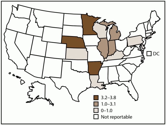 Figure is a map of the United States showing incidence rates of histoplasmosis, by state and tertiles in 2019. Thirteen states submit data to the National Notifiable Diseases Surveillance System. Incidence rates are per 100,000 population, calculated using state-specific denominators estimated from 2019 U.S. Census Bureau data.