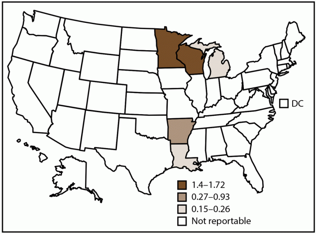 Figure is a map of the United States showing incidence rates of blastomycosis, by state and tertiles in 2019. Five states submit data directly to CDC. Incidence rates are per 100,000 population, calculated using state-specific denominators estimated from 2019 U.S. Census Bureau data.