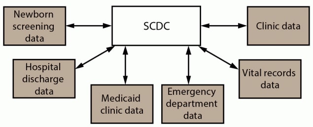 Figure illustrates a hub and spoke model with Sickle Cell Data Collection as a centralized index file (hub) connected to source data sets (spokes).