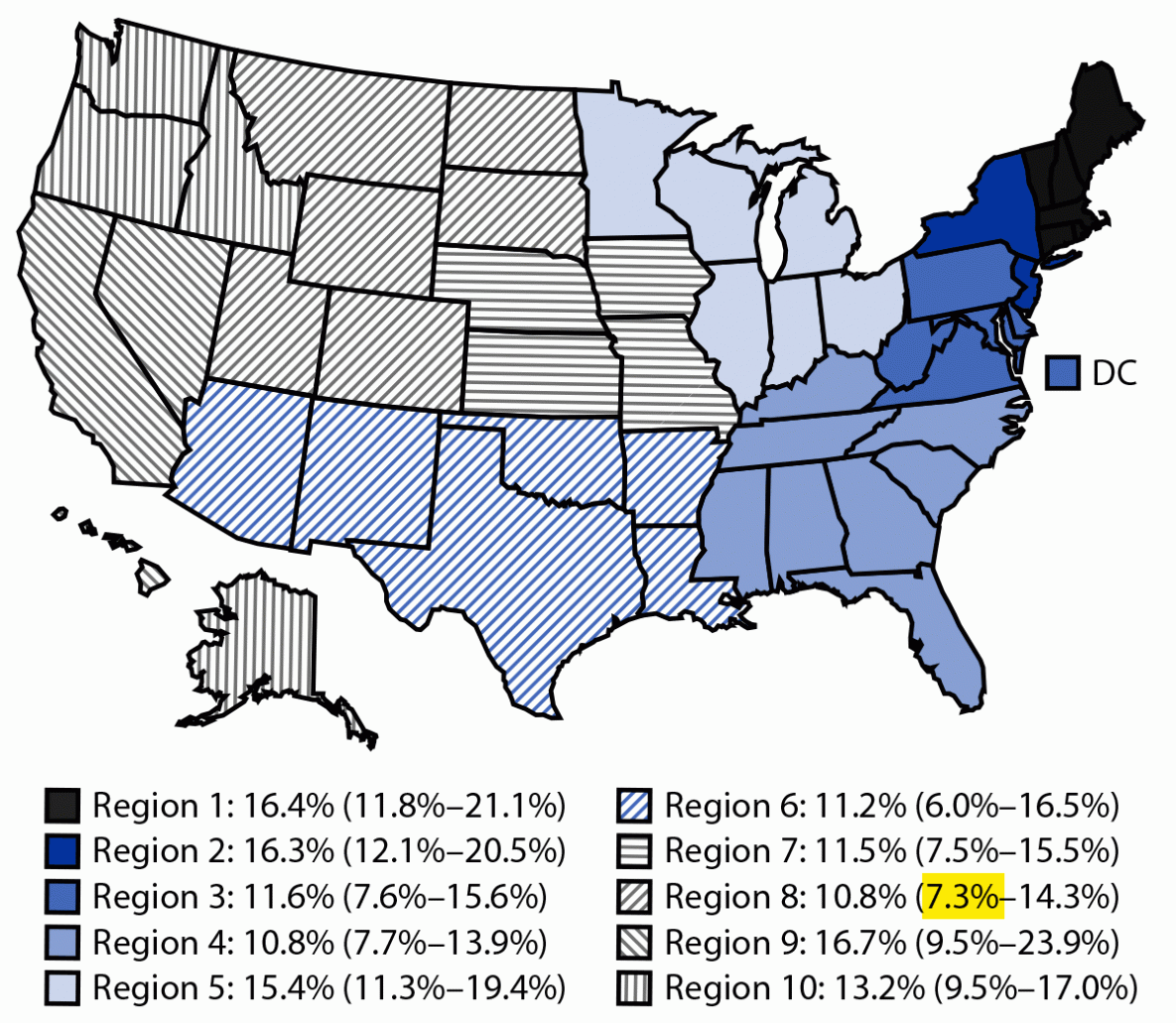 Alcohol Consumption and Binge Drinking During Pregnancy Among Adults Aged 18–49 Years — United States, 2018–2020 The figure is a map showing the estimated prevalence of current drinking among pregnant adults aged 18–49 years in the United States by U.S. Department of Health and Human Services regions using data from the Behavioral Risk Factor Surveillance System during 2018–2020.