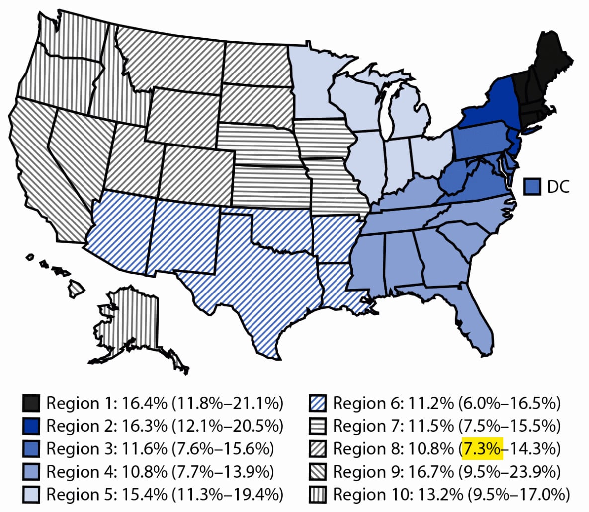 The figure is a map showing the estimated prevalence of current drinking among pregnant adults aged 18–49 years in the United States by U.S. Department of Health and Human Services regions using data from the Behavioral Risk Factor Surveillance System during 2018–2020.