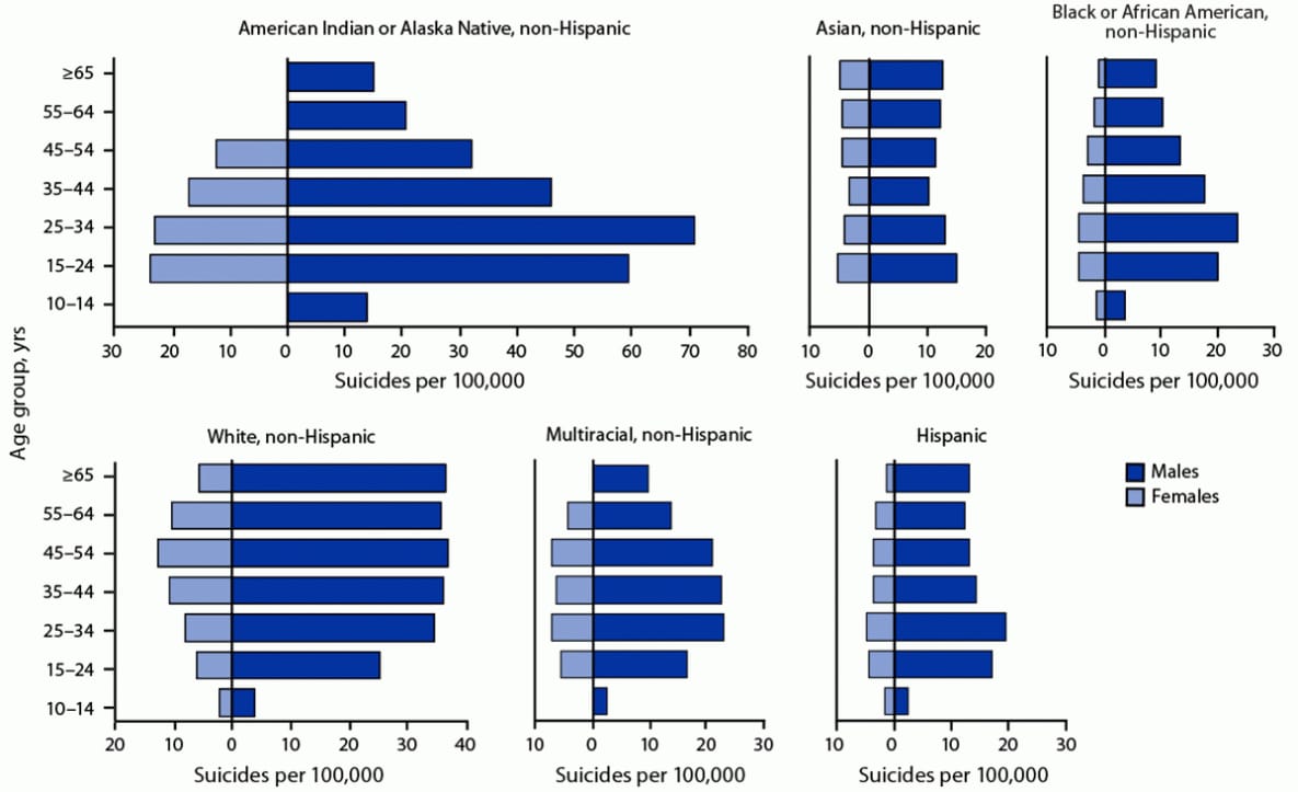 Figure shows the crude rate of suicide, stratified by race and ethnicity, sex, and age group in the United States during 2019–2020 with data from the National Vital Statistics System.