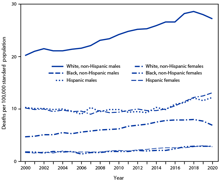 The figure is a line chart showing age-adjusted suicide rates for males and females, by race and ethnicity, in the United States during 2000–2020.