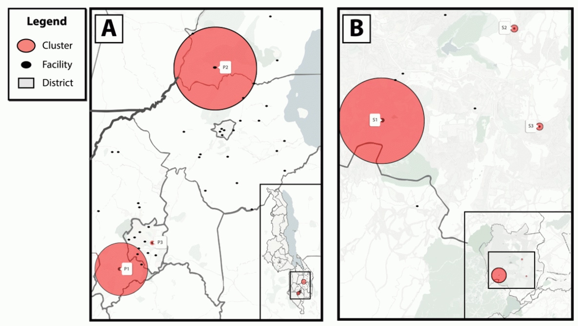 Figure is a two panel map showing the geospatial transmission hotspots of recent HIV infection among health facilities implementing recent HIV infection surveillance in five Malawi districts and in Blantyre district alone during October 2019−March 2020.