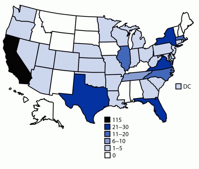 The figure is a map of the United States indicating the number of nifurtimox releases for treatment of Chagas disease for 336 unique patients, by state, in the United States during 2001–2021.