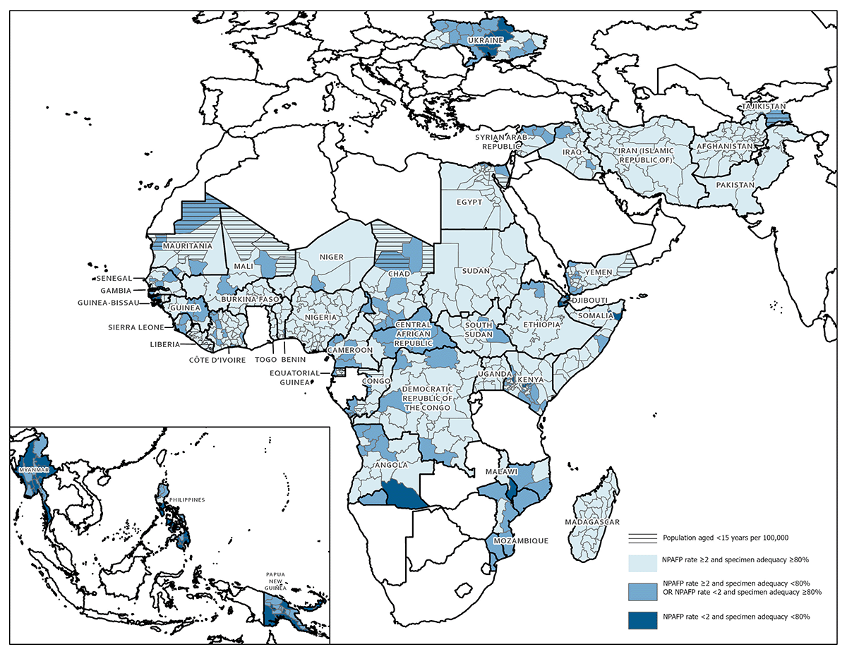 Figure is a map showing combined performance indicators for the quality of acute flaccid paralysis surveillance in subnational areas of 43 priority countries of World Health Organization designated African, Eastern Mediterranean, Southeast Asian, and Western Pacific regions during 2021.