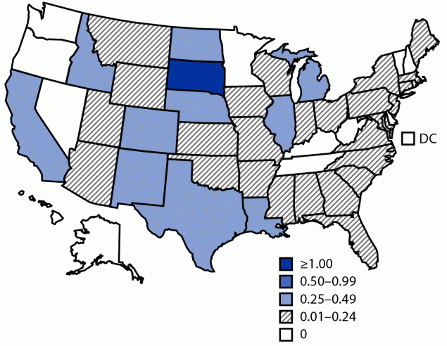 The figure is a map of the United States showing incidence of reported cases of neuroinvasive West Nile virus disease in 2020.