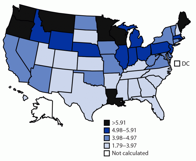 Malignant Mesothelioma Mortality in Women — United States, 1999–2020 The figure is a map of the United States indicating the malignant mesothelioma annualized age-adjusted death rate, per 1 million women, among women aged ≥25 years during 1999–2020.