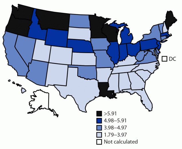The figure is a map of the United States indicating the malignant mesothelioma annualized age-adjusted death rate, per 1 million women, among women aged ≥25 years during 1999–2020.