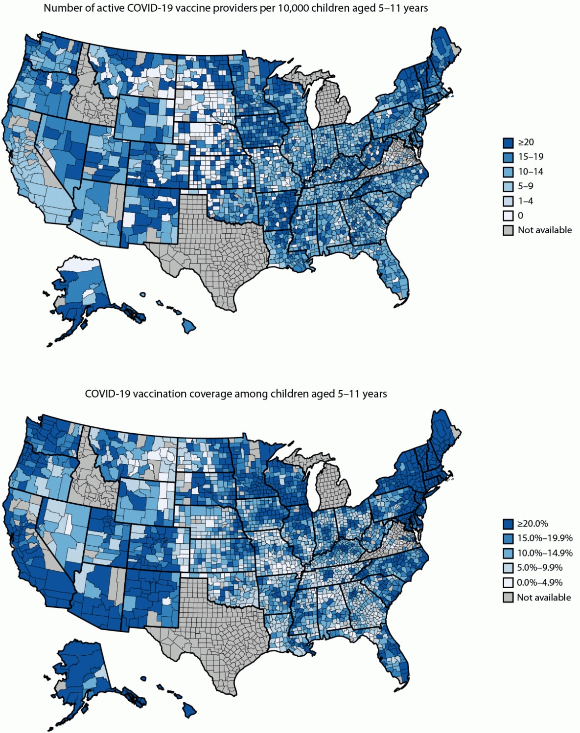 The figure comprises two U.S. maps indicating the number of active COVID-19 vaccine providers per 10,000 children aged 5–11 years and COVID-19 vaccination coverage among children aged 5–11 years at the county level during November 1,2021–April 25, 2022.
