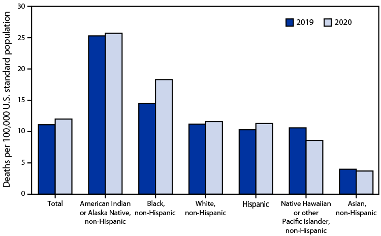 The figure is a bar chart showing the age-adjusted death rates for motor vehicle traffic injury, by race and Hispanic origin, in the United States during 2019 and 2020.