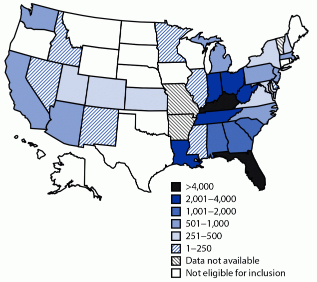 The figure is a map of the United States showing cumulative outbreak-associated hepatitis A cases reported, by state during August 1, 2016–December 31, 2020.