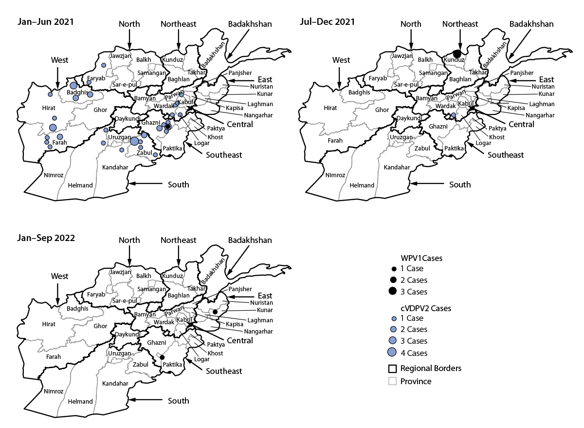 This figure comprises two maps that show cases of polio caused by wild poliovirus type 1 and circulating vaccine-derived poliovirus type 2, by province and period, in Afghanistan, during January 2021–September 2022.