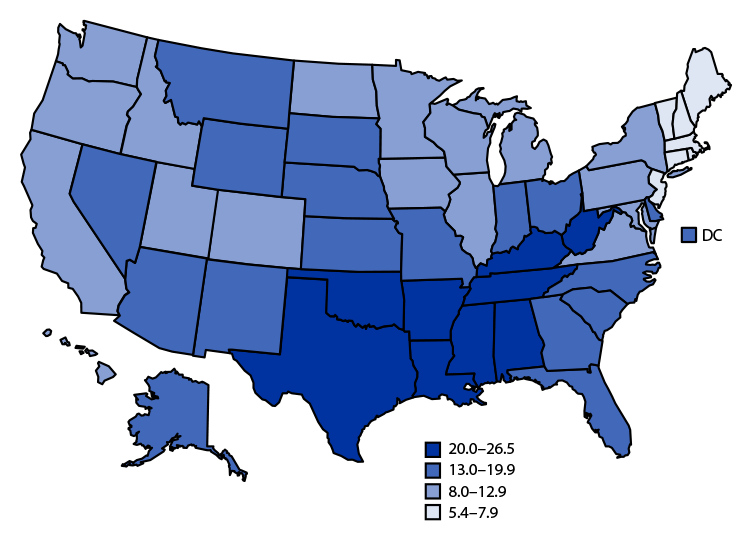 Figure is a U.S. map indicating the 2021 birth rates for females aged 15–19 years, by state, based on National Vital Statistics System data.