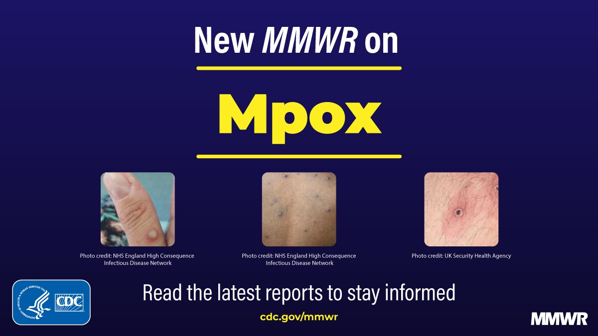 This figure is a visual showing three stages of mpox sores against a dark blue background with text that says “New MMWR on Mpox; Read the latest reports to stay informed.”