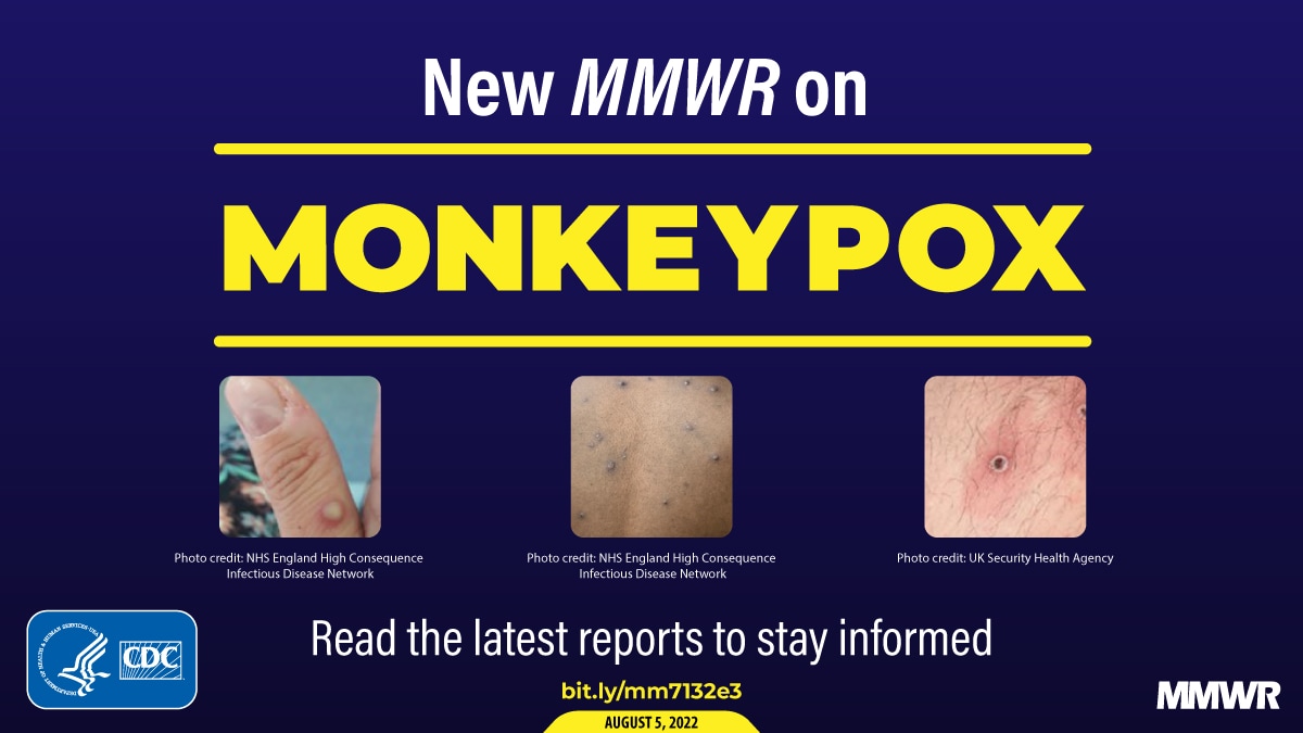 The figure is with text about a new MMWR on monkeypox includes images of monkeypox rash. The graphic encourages readers t read the latest reports to stay informed.