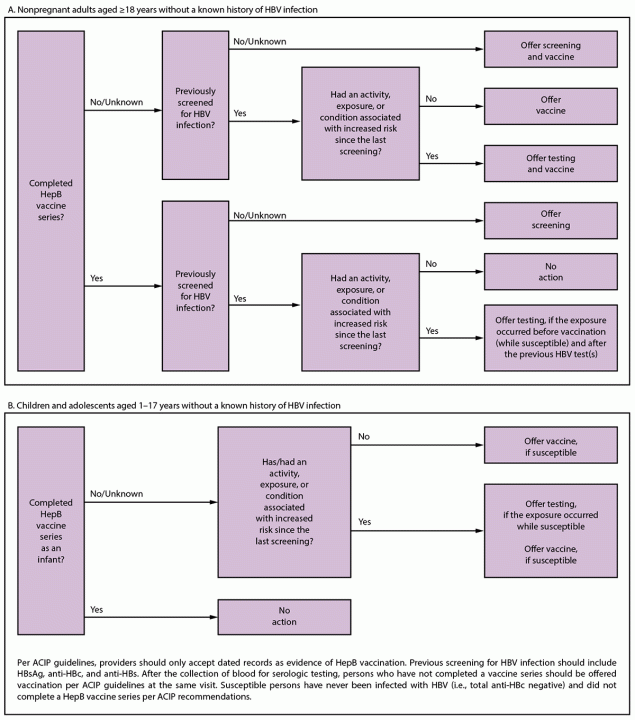 Figure illustrates the steps for incorporating hepatitis B virus screening and testing into a clinic workflow for persons without a known history of hepatitis B virus infection. Two age groups are covered. One is adults aged 18 years and older and the other is children and adolescents aged 1 to 17 years.