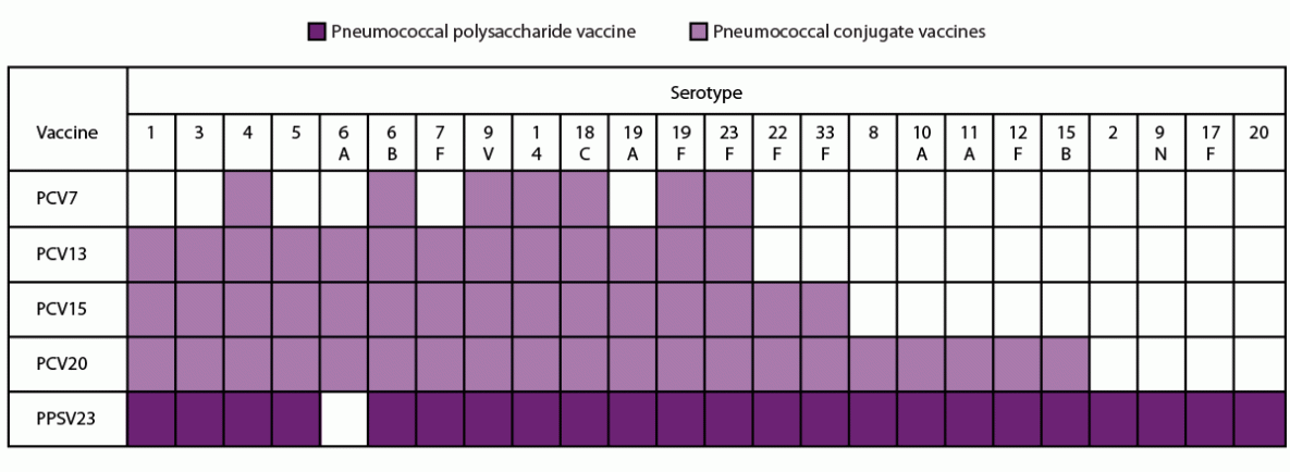 Pneumococcal Vaccine for Adults Aged ≥19 Years: Recommendations of the Advisory Committee on Immunization Practices, United States, 2023 Figure illustrates the serotypes in four pneumococcal conjugate vaccines (PCV7, PCV13, PCV15, and PCV20) and one pneumococcal polysaccharide vaccine (PPSV23) previously or currently used in the United States. PCV7 is no longer manufactured.