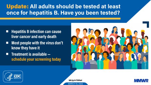 The figure is an illustration of a diverse group of people. The text reads, “Update: All adults should be tested at least once for hepatitis B. Have you been test? Hepatitis B infection can cause liver cancer and early death. Post people with the virus don’t know they have it. Treatment is available – schedule your screening today.”