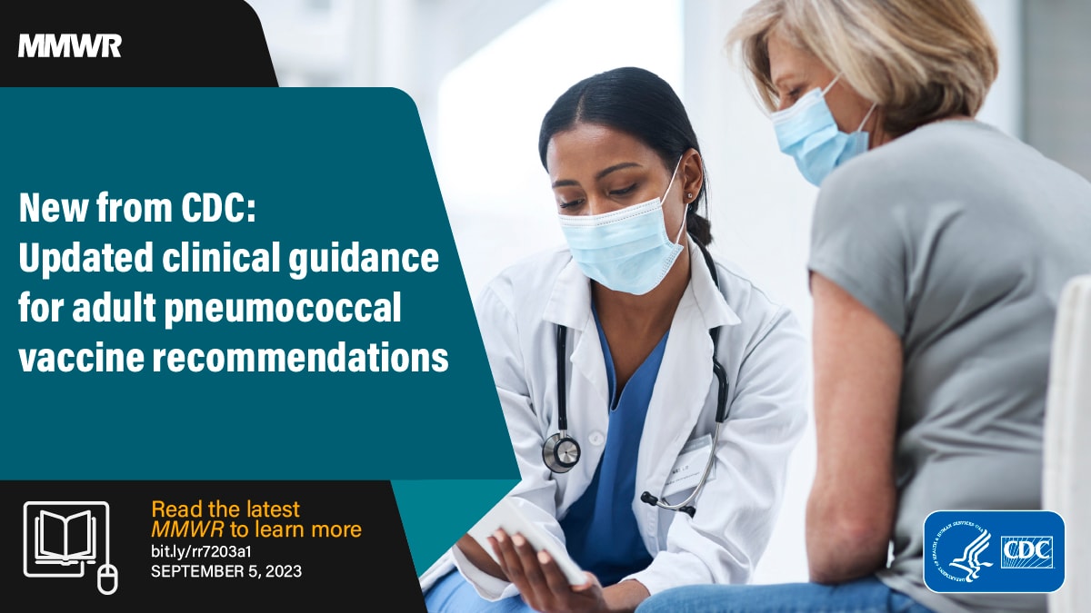 The figure is a photo of a clinician speaking to a patient while holding a tablet with text about updated clinical guidance for adult pneumococcal vaccine recommendations.