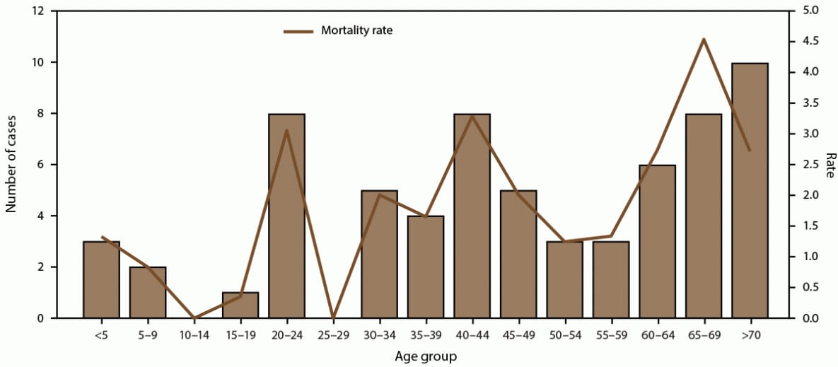 The figure is a combination line and bar graph that presents the number and mortality rate of fatal dengue cases during 2010-2020 in Puerto Rico.