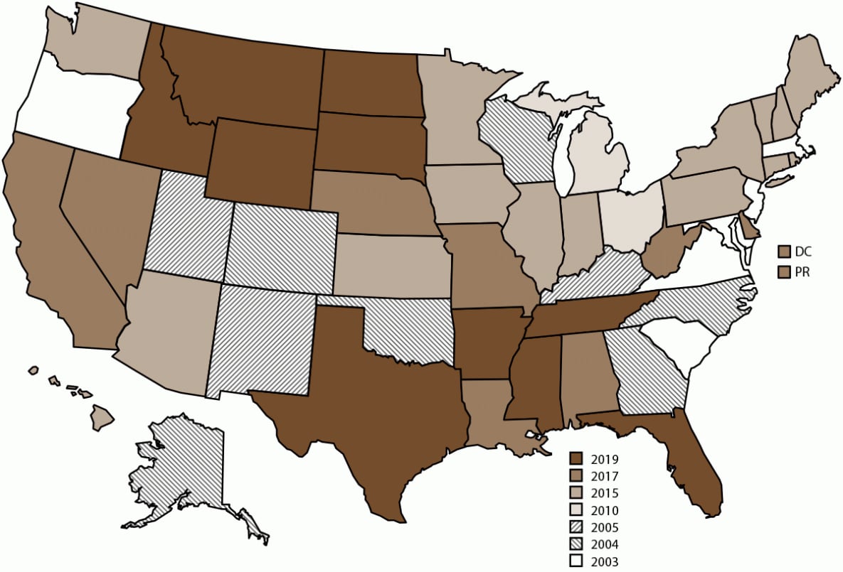 Figure is a map of the United States showing states and jurisdictions participating in the National Violent Death Reporting System, by year of initial data collection, during 2003–2020. Data for Florida and Hawaii were ineligible to be included because data did not meet the completeness threshold for circumstances.