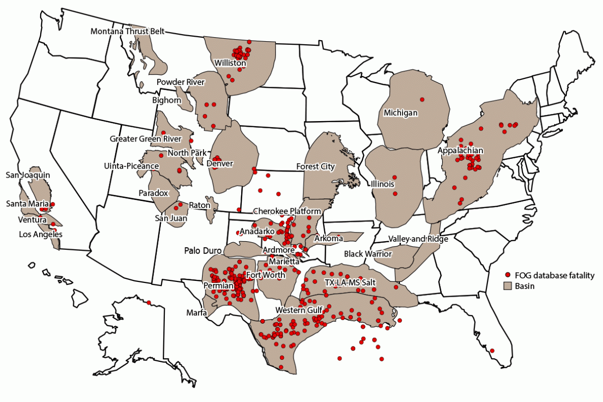 Figure is a map of the United States showing oil and gas basins and oil and gas extraction worker fatalities from the Fatalities in Oil and Gas Extraction database during 2014–2019.